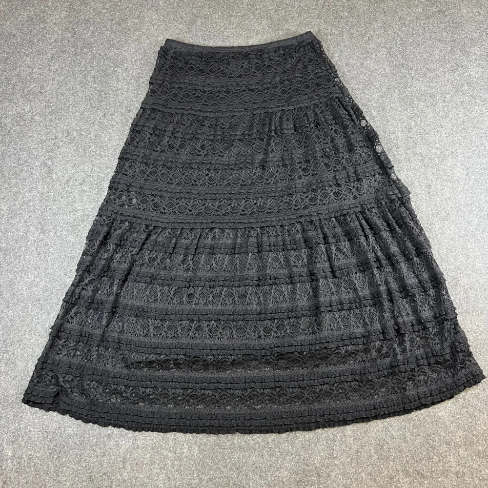 Max Studio Black Tiered Lace Maxi Skirt Boho Romantic Goth Size S Witchy Cottage